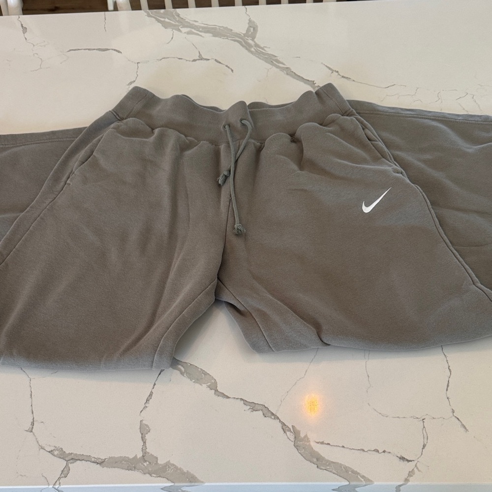 Nike Olive Gray Fleece Sweatpants with White Swoosh